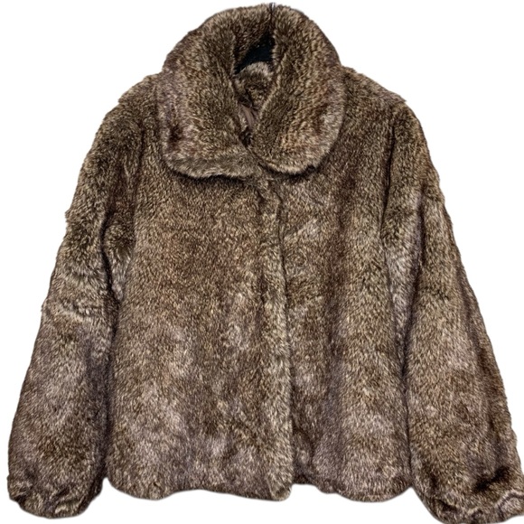 Vintage 90s Chunky Faux Fur Coat Brown Balloon Sleeve Sz M Chic Cozy Warm Jacket - Picture 2 of 16
